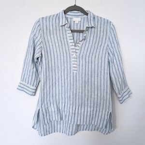 J. Jill‎ Tunic Blue Love Linen Top Striped Henley 3/4 Sleeve Womens XS Petite